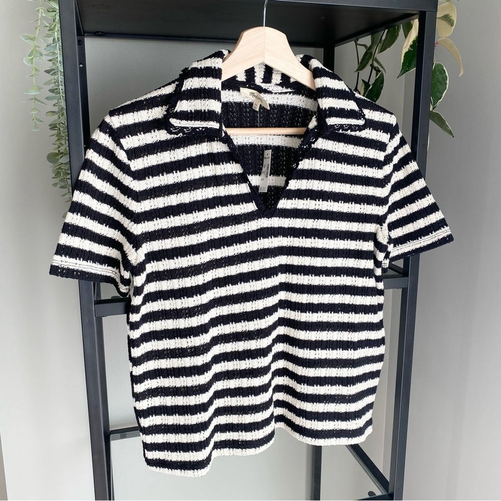 Madewell Black and White Striped Short Sleeve Knit Polo